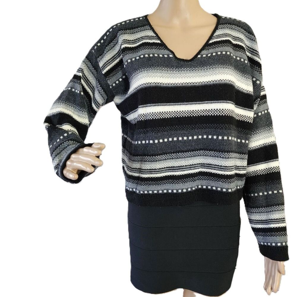 Vintage 90s Spunky "Brand New" Black White Gray Striped Knit Sweater - Medium